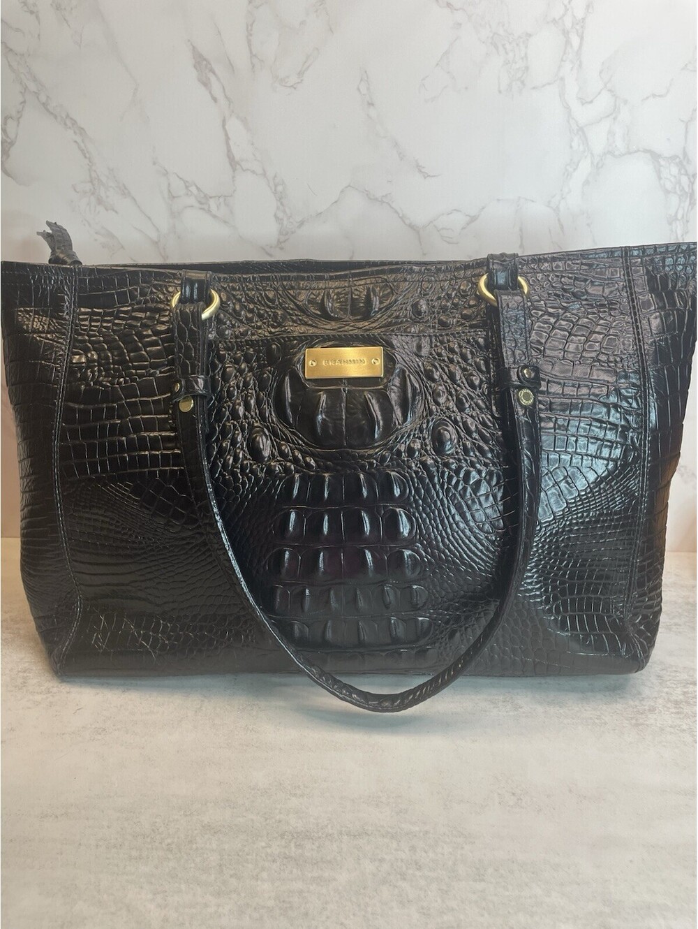 BRAHMIN Black Croc Embossed Melbourne Leather Shoulder Bag Gold Tone Hardware - Picture 2 of 11